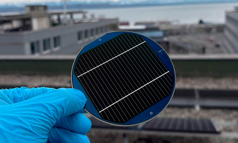 EPFL and CSEM researchers have achieved a record 30% efficiency for triple-junction solar cells, which combine two thin-film perovskite cells and one silicon cell on a single device. The milestone could advance affordable next-generation solar technologies for space and terrestrial applications. The triple-junction solar cell (54 cm2). © Kerem Artuk.
