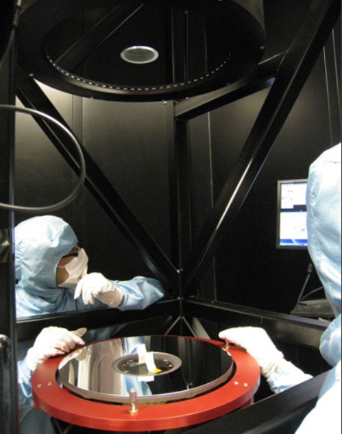 A 475mm diameter optical flat used as a reference surface to check the accuracy of the integration of the main mirrors in a satellite payload structure (courtesy: Optical Surfaces Ltd.)