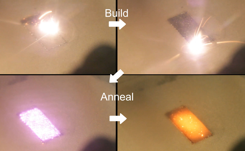Process of building and annealing a rectangular block of stainless steel 316L. The first and second panels are the focused scanning laser melting the powder layer into the underlying part. The third panel is the diode turning on and illuminating the surface of the part to heat and anneal it. The last panel is right after the diode turns off, showing the block is at high temperature (>950&deg;C).