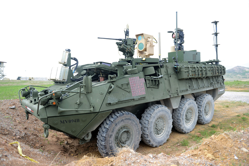 
A MEHEL-equipped Stryker shot small fixed- and rotary-wing unmanned aircraft out of the sky using a 5-kW fiber laser in April 2019 during MFIX-17 at Fort Sill, Oklahoma. (U.S. Army photo by C. Todd Lopez, Army News Service)