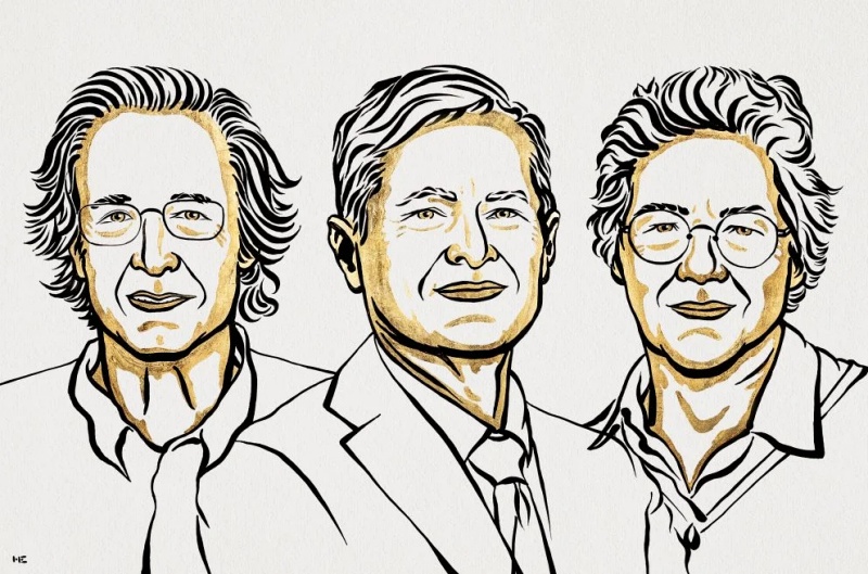 Attosecond pioneers Pierre Agostini, Ferenc Krausz, and Anne L'Huillier, who have each been awarded an equal share of the 2023 Nobel Prize in Physics. Their work has been instrumental in opening up a new window with which to observe ultrafast electron dynamics in atoms and molecules - something thought impossible by Werner Heisenberg. Image: Ill. Niklas Elmehed &copy; Nobel Prize Outreach.