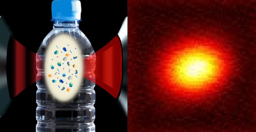 Schematic of the SRS analysis of bottled water (left). A 200-nanometer particle of polystyrene plastic as imaged by the new technique (right). Credit: Columbia University/Naixin Qian.