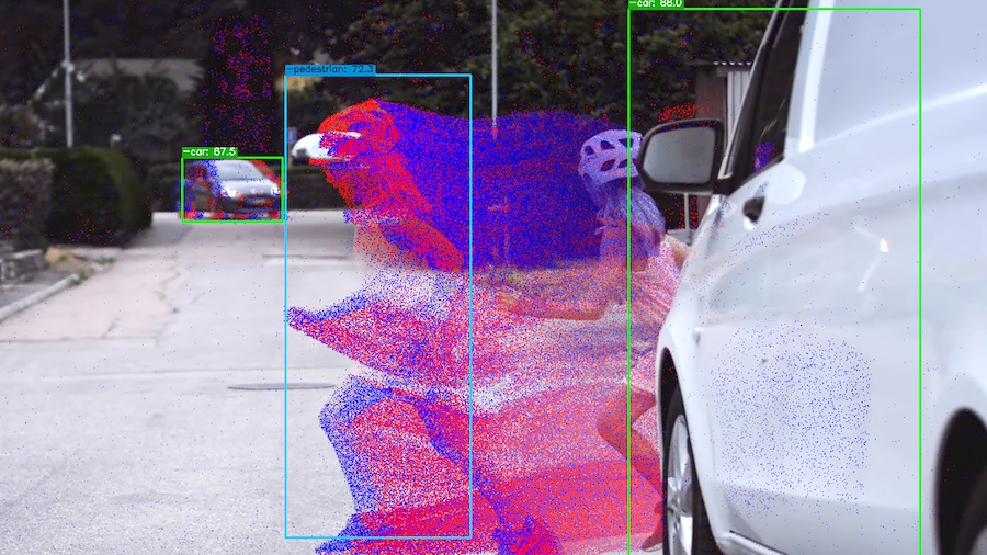 The image shows both color information from the color camera and events (blue and red dots) from the event camera generated by a pedestrian running. Credit: Robotics and Perception Group/UZH.