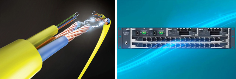 L: Corning's ActiFi Hybrid Cable delivers data and power over fiber and copper. R: Nokia's Aurelis Optical LAN platform is designed to replace copper-based LANs. Credits: Corning / Nokia.