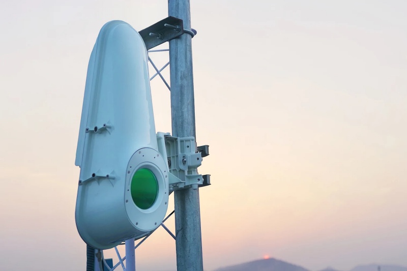 Typically mounted on a rooftop or cellphone network tower, Taara's optical terminals use a laser to send high-speed internet data between otherwise inaccessible locations. One example deployment connects Brazzaville with Kinshasa, cities on either side of the giant Congo river in central Africa. Photo: Taara.