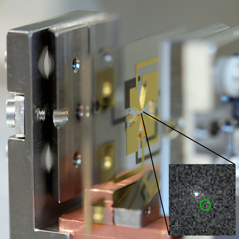 The newly modified ion trap for NIST's aluminum ion clock, with an inset showing a CCD image of the aluminum-magnesium ion pair. The circle shows the position of the aluminum ion, which is dark to the camera as it can only be read out using quantum logic spectroscopy via the magnesium ion. Credit: NIST.