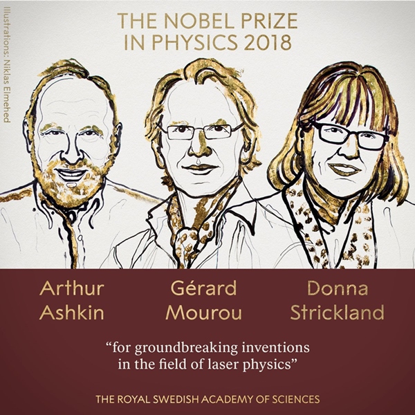 The 2018 physics Nobel laureates Arthur Ashkin, G&eacute;rard Mourou, and Donna Strickland. Strickland is only the third woman to win a physics Nobel, after Marie Curie and Maria Goeppert Mayer. Image: Nobel Foundation/Niklas Elmehed.