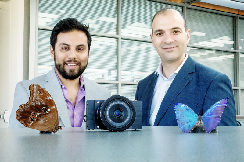 Postdoctoral researcher Missael Garcia and professor Viktor Gruev led a team that developed a multispectral camera to guide cancer surgery, inspired by the eyes of the morpho butterfly. Photo by L. Brian Stauffer.