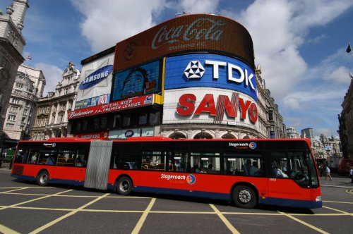 Bendy bus in Piccadilly Circus, London, UK