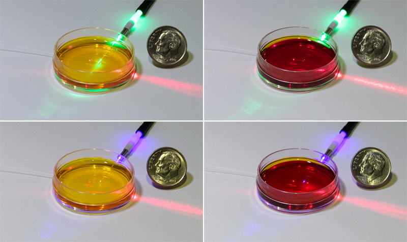 Phenol red indicator solution changes color depending on acidity. Click for info.