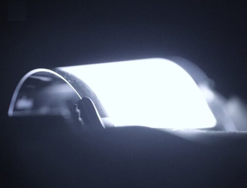 Electroluminescence from the SERIS large-area flexible perovskite LED.