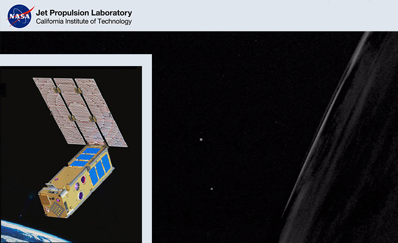 A brief laser flash at the center of the main photo was part of an experiment conducted 450km above the Earth's surface (RHS) by two NASA CubeSats. In it, one small satellite used a laser to send information to the ISARA CubeSat, enlarged and inset, left, which is managed by NASA's Jet Propulsion Laboratory. A brief laser flash at the center of the main photo was part of an experiment conducted 450km above the Earth's surface (RHS) by two NASA CubeSats. In it, one small satellite used a laser to send information to the ISARA CubeSat, enlarged and inset, left, which is managed by NASA's Jet Propulsion Laboratory.