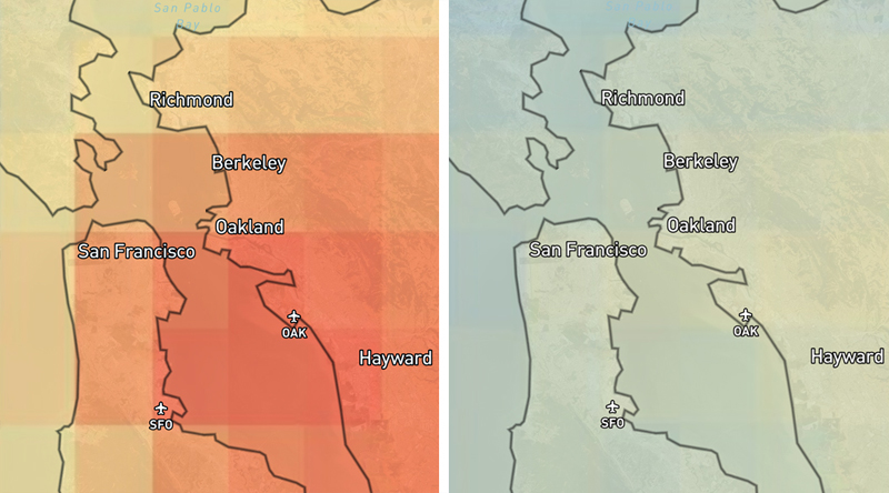 Nitrogen dioxide levels over San Francisco Bay: past five-year average (L) and March 2020 (R).