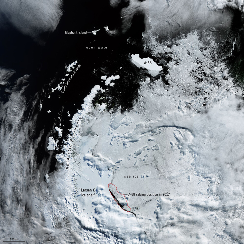 A-68’s position in February 2020 (top) and calving point in 2017 (red outline).