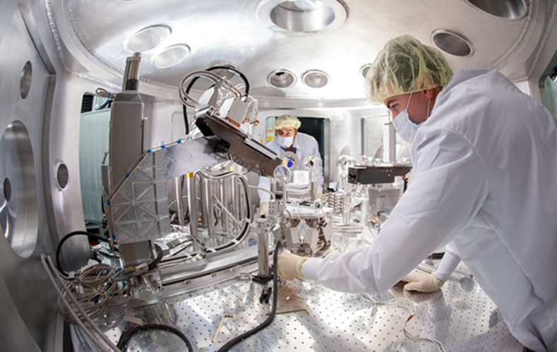 Researchers work in the “MEC hutch” of SLAC’s LCLS Far Experiment Hall.