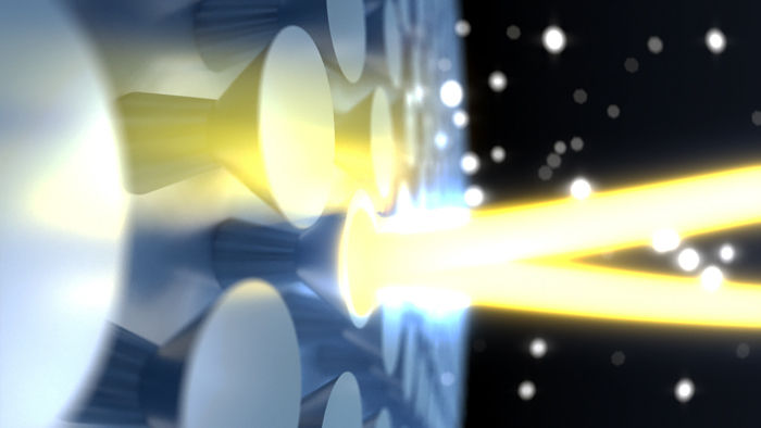 High-powered continuous laser hitting nanostructures on a diamond mirror. 