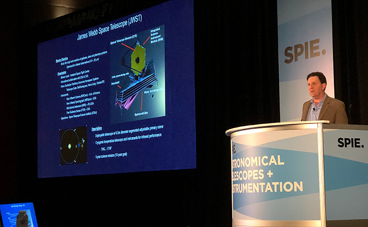 JWST’s Lee Feinberg speaking at the SPIE ATIS conference in 2018.