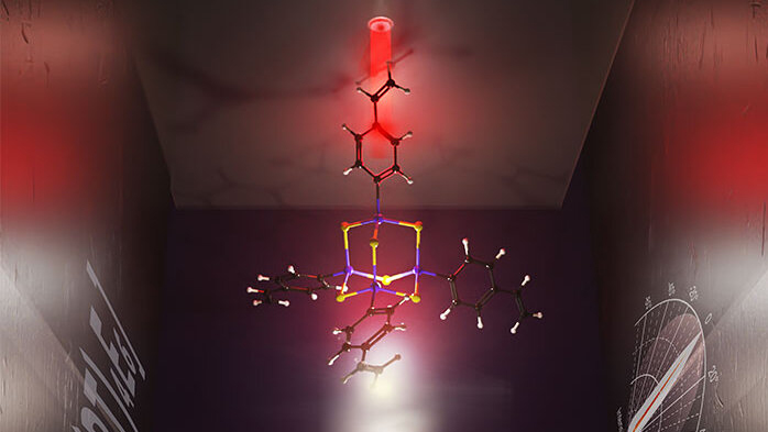 Under infrared light, adamantane-based clusters emit directional white light. Under infrared light, adamantane-based clusters emit directional white light.