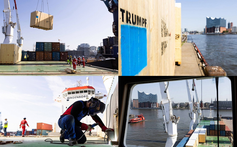 Cranes loading a cargo ship in Hamburg Docks with 49 laser cutting machines and production parts for rapid delivery to customers in the USA by mid-August.