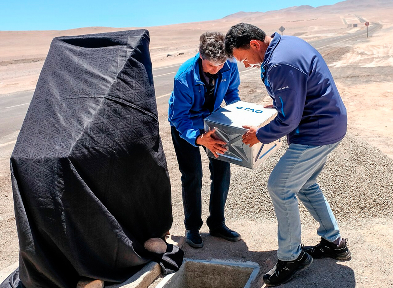 Installing the time-capsule at the inauguration of CTAO-South. Installing the time-capsule at the inauguration of CTAO-South.