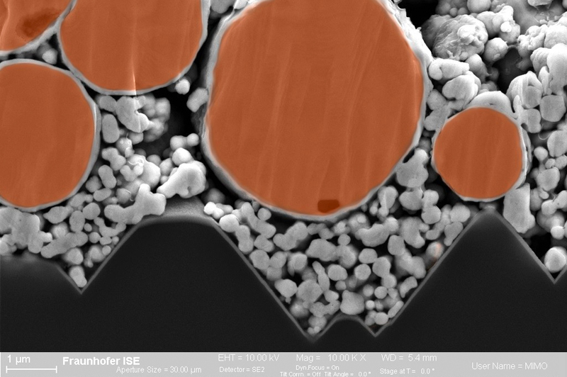 SEM image of a contact printed with silver-coated copper paste.