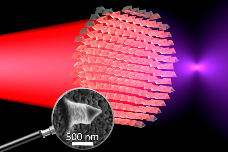 Infrared light passes through the metalens and converted into violet light.