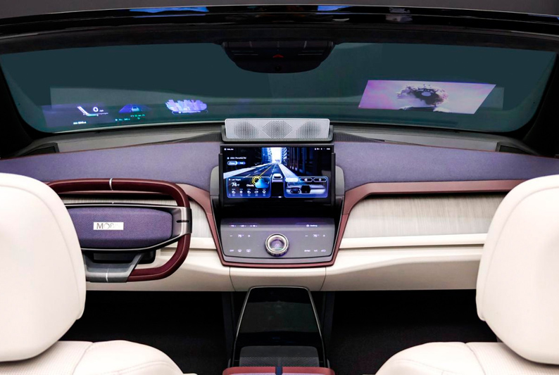 Transparent display integrated into windshield shows relevant driving information.
