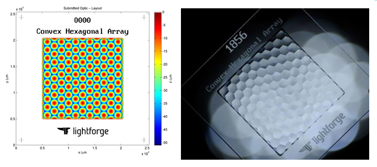 LightForge micro-optics fabrication allows optical designers to upload a design (left) and create a bespoke optical surface (right).