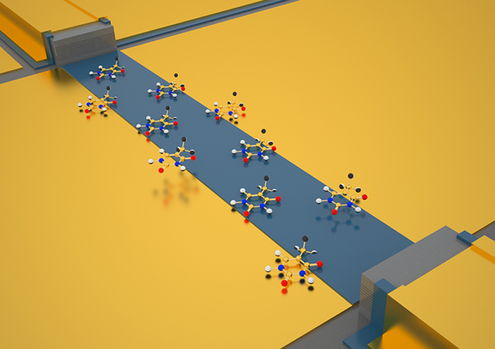 Infrared light is carried by plasmonic waveguide (left to right) to the detector.