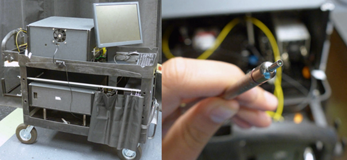 The 3-in-1 probe (right) on its compact utility cart (left). 