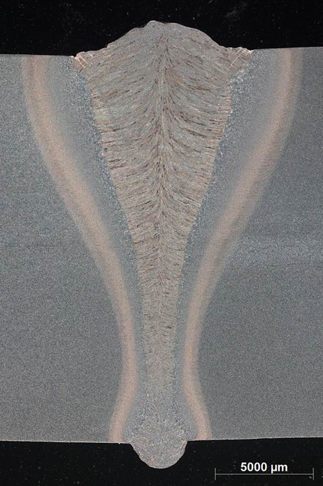 Cross-section of weld seam on 20mm high-strength, fine-grain structural steel.