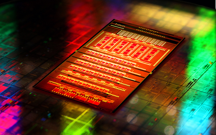 A CMOS silicon photonics chip. 