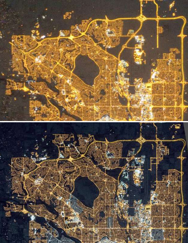 Calgary, AB. Above in 2010 (orange sodium lamps); below in 2015 (white LED lamps). Calgary, AB. Above in 2010 (orange sodium lamps); below in 2015 (white LED lamps).