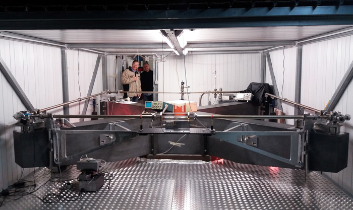 GINGERino ring laser gyroscope, which is a square cavity of side length 3.6 m. 