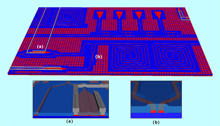 Silicon photonics test die with top cladding removed to show structures.
