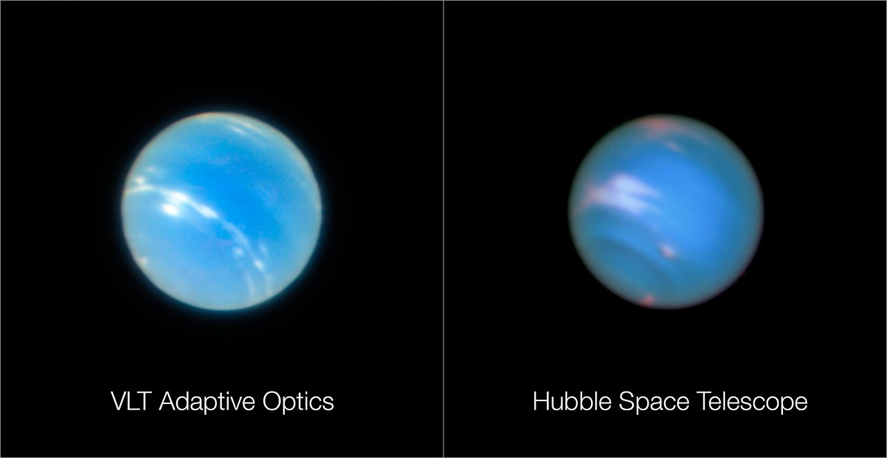 Compare: VLT's Narrow-Field adaptive optics; and NASA/ESA's Hubble Telescope. Compare: VLT's Narrow-Field adaptive optics; and NASA/ESA's Hubble Telescope.