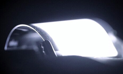 Electroluminescence from the SERIS large-area flexible perovskite LED.