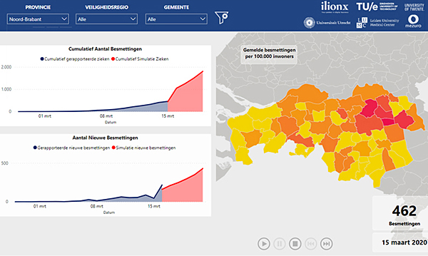 Prototype of the regional Covid-19 dashboard. The map shows the distribution of Covid-19 in The Netherlands on March 15th.