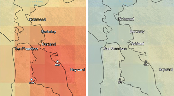 Nitrogen dioxide levels over San Francisco Bay: past five-year average (L) and March 2020 (R).