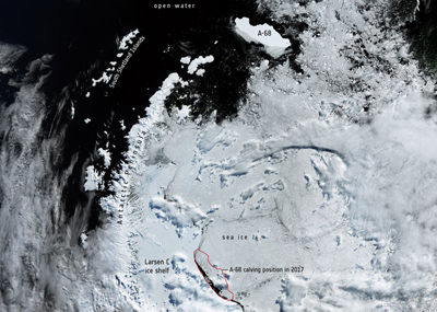 A-68’s position in February 2020 (top) and calving point in 2017 (red outline).