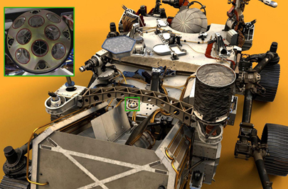 Visible near the center of Perseverance rover is the palm-sized LaRA (green box).