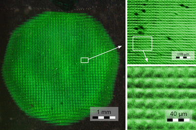 Holographic effect is achieved by engraving hoels on a hundred 200 nm layers.