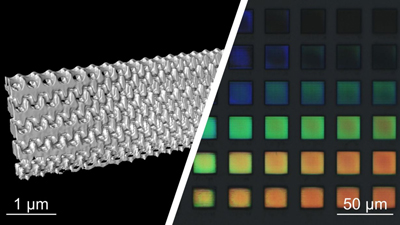 3D nanostructures printed with 2-step absorption (L) and light microscopy (R).
