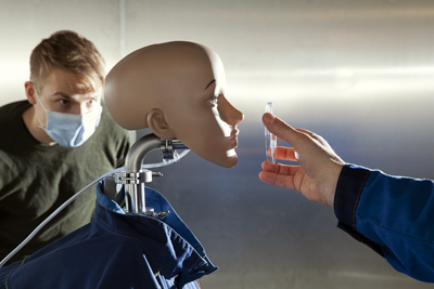 The robot coughs out a precise, repeatable cloud of droplets and aerosols. 