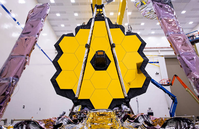 Pre-launch: the fully assembled James Webb Space Telescope with sunshield.