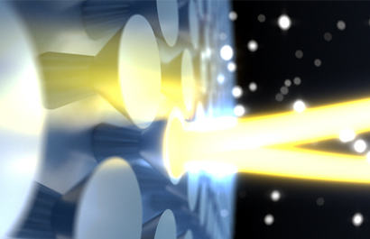 High-powered continuous laser hitting nanostructures on a diamond mirror. 