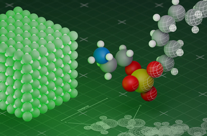 Specially-designed molecules (right) form a protective layer around the quantum dot.