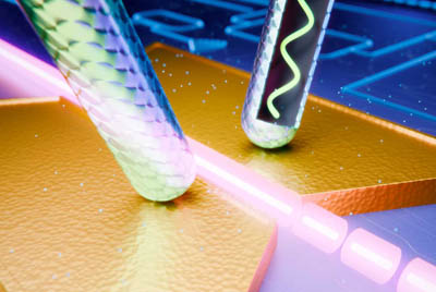 Modulator (gold) transfers data from an electrical wave to an optical one.