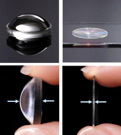 Conventional lens (L) and Kyocera’s new meta-lens (R).