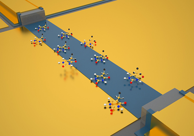 Infrared light is carried by plasmonic waveguide (left to right) to the detector.